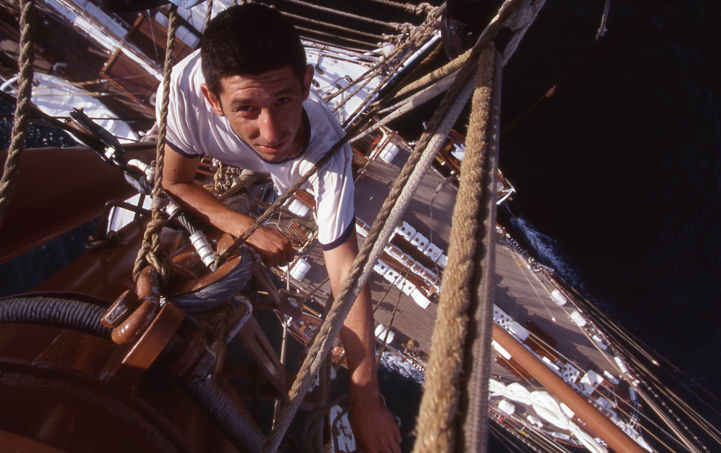 “In the Rigging of a Tall Ship,” taken by photographer Lou Jones in the Atlantic Ocean in 1976.