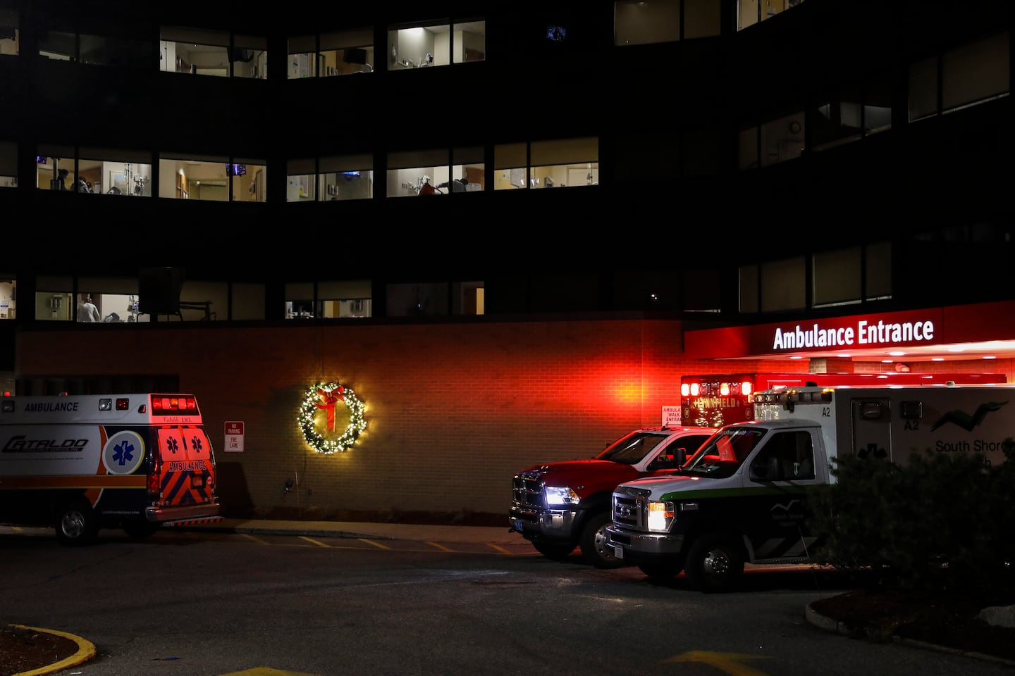Two ambulances sat in the emergency bay of Melrose Wakefield Hospital in 2023.