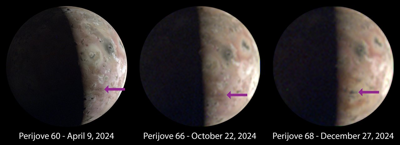 Three images of a brown planet with purple arrows showing various dark spots of volcanic eruption