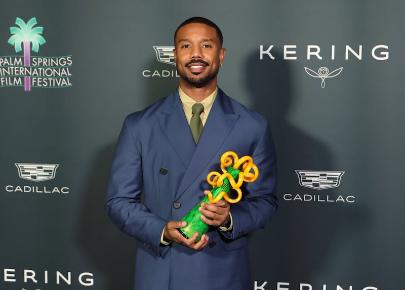 PALM SPRINGS, CALIFORNIA - JANUARY 03: Michael B. Jordan poses with the Icon Award in the press room during the 37th Annual Palm Springs International Film Festival Film Awards at Palm Springs Convention Center on January 03, 2026 in Palm Springs, California. (Photo by Kevin Winter/Getty Images)