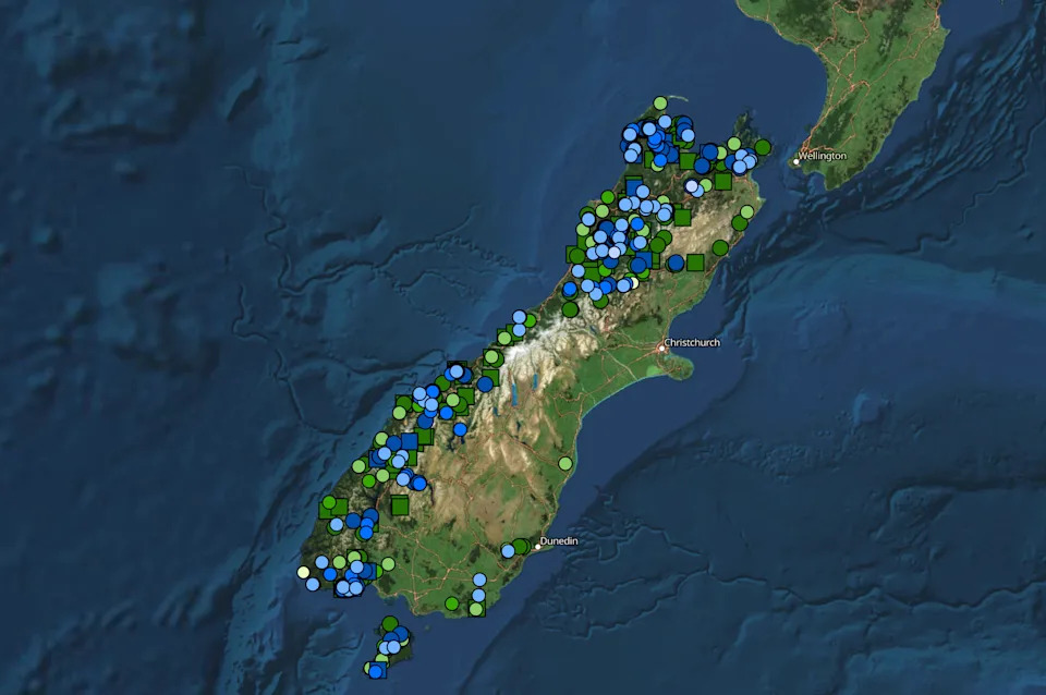 A map showing where the South Island kōkako may have been encountered.