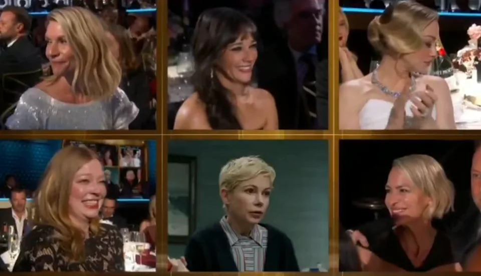 A split-screen image shows celebs reacting to Michelle's win, with Amanda looking off to the side clapping