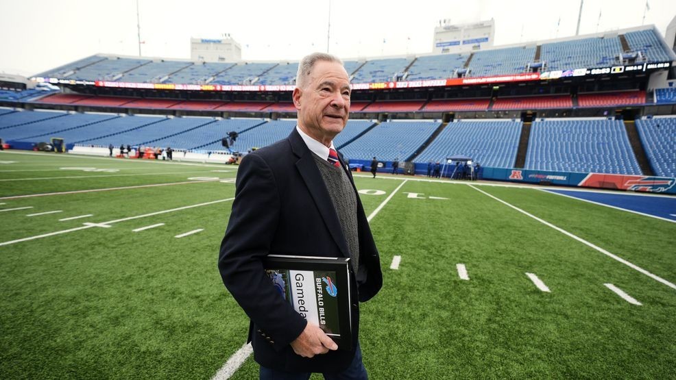 Chris Clark, Buffalo Bills vice president of security, walks on the field at Highmark Stadium before an NFL football game between the Philadelphia Eagles and Buffalo Bills, Sunday, Dec. 28, 2025. (AP Photo/Gene J. Puskar)