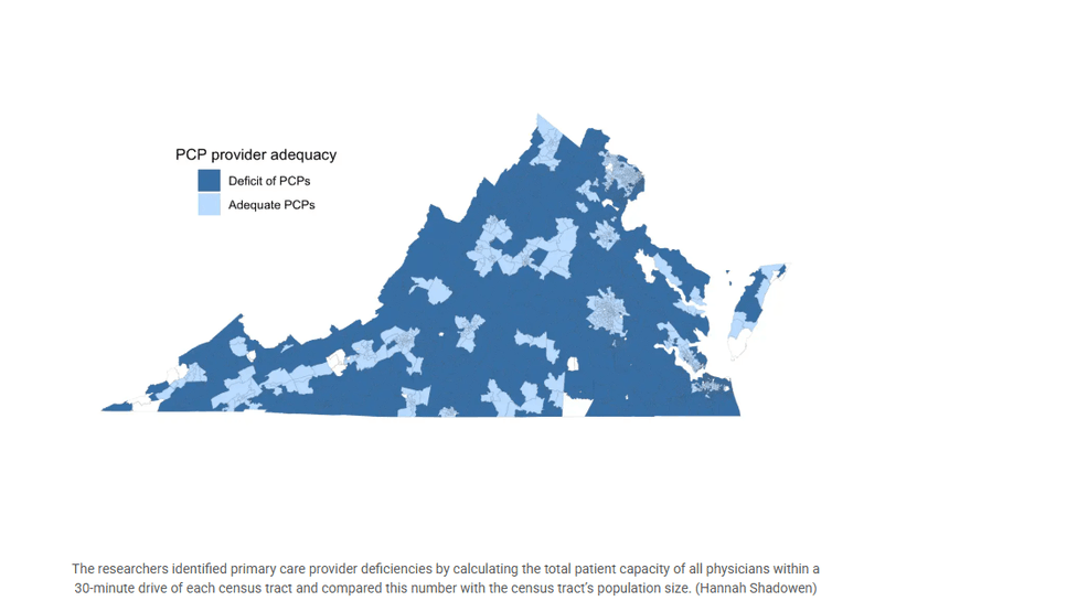 PCP shortage heat map in Virginia (VCU Health).{p}{/p}{p}{/p}