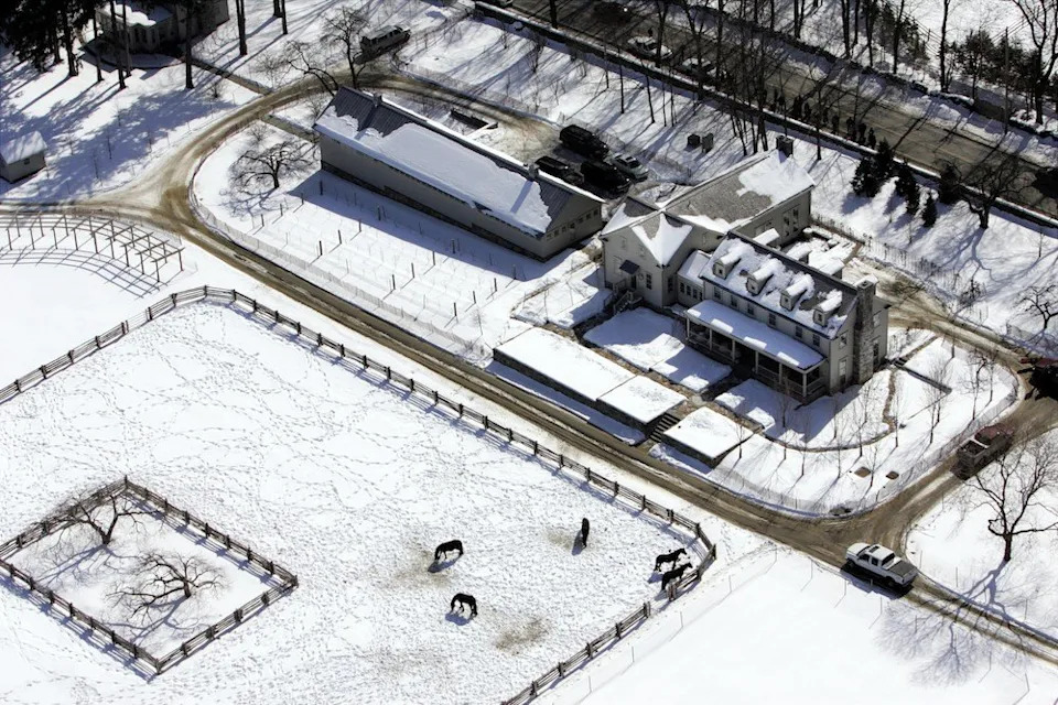 Aerial view of Martha Stewart's Katonah estate in winter.