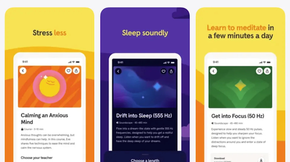 Three screenshots showing the interface of the Headspace app. - Headspace