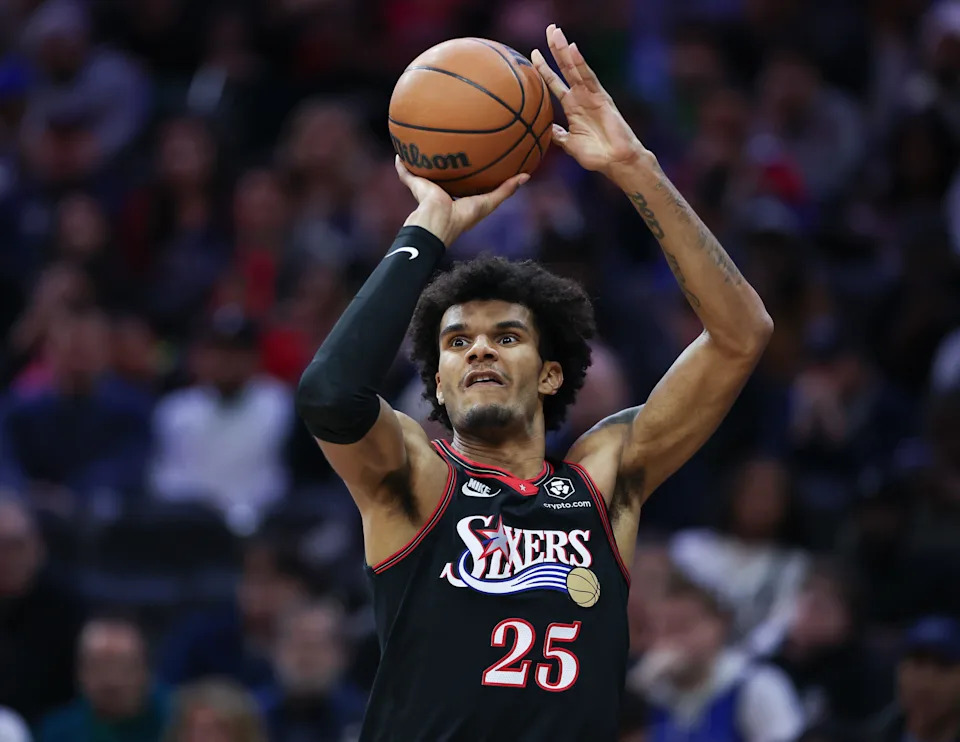 Dec 20, 2025; Philadelphia, Pennsylvania, USA; Philadelphia 76ers forward Dominick Barlow (25) shoots against the Dallas Mavericks during the third quarter at Xfinity Mobile Arena. Mandatory Credit: Bill Streicher-Imagn Images