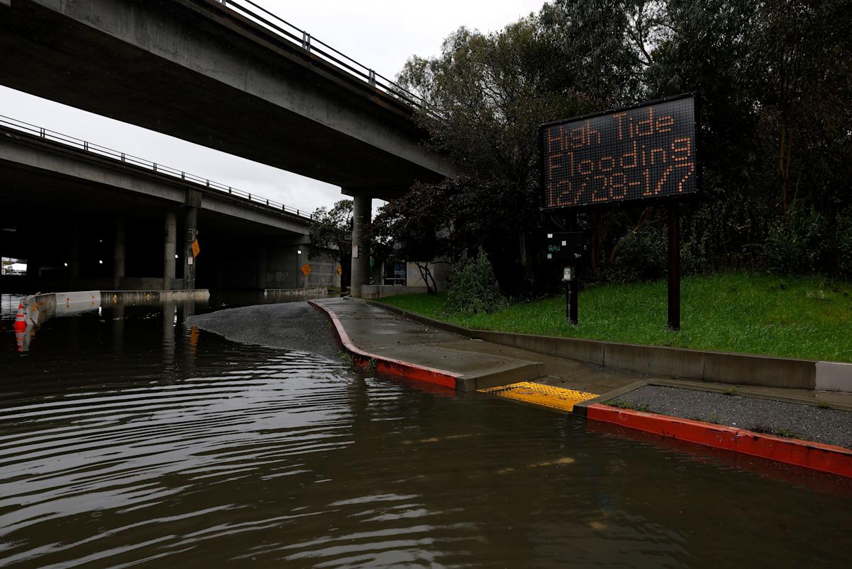 A parking lot floods on Jan. 5, 2026 in Mill Valley, California after high tides in the San Francisco Bay Area.