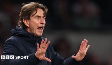 Tottenham Hotspur head coach Thomas Frank gestures during the Premier League game against West Ham United on 17 January 2026