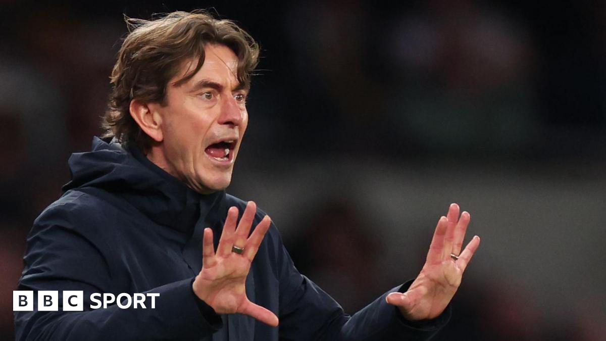 Tottenham Hotspur head coach Thomas Frank gestures during the Premier League game against West Ham United on 17 January 2026