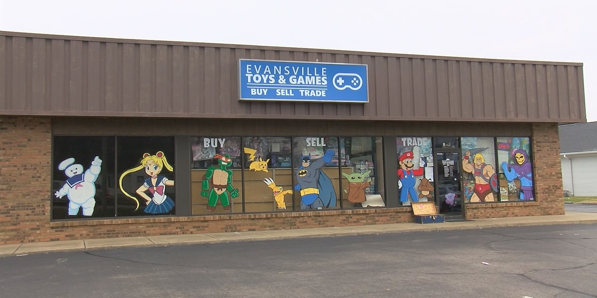 Window art at Evansville Toys and Games safe for now