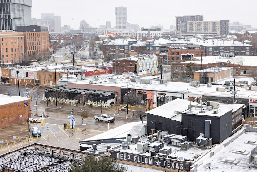 Ice covers rooftops in Deep Ellum on Saturday morning, Jan. 24, 2026, in Dallas.