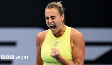 Aryna Sabalenka celebrates with a clenched fist