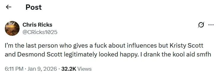 Fans expressed disbelief at the news of The Scotts' divorce. Image Credit: @CRicks1025/X