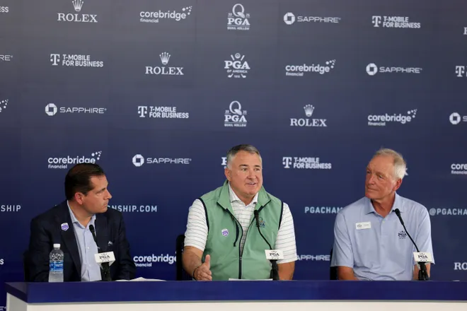 CHARLOTTE, NORTH CAROLINA - MAY 13: Derek Sprague, CEO of PGA America, Don Rea Jr., PGA of America President, and Kerry Haigh, PGA of America Chief Championship Officer, speak to the media prior to the PGA Championship at Quail Hollow Country Club on May 13, 2025 in Charlotte, North Carolina. (Photo by Andrew Redington/Getty Images)