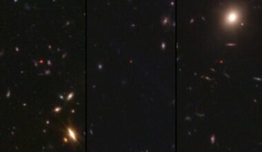 A deep space image showing the glow of stars and galaxies against a black background along with little red dots throughout the image.
