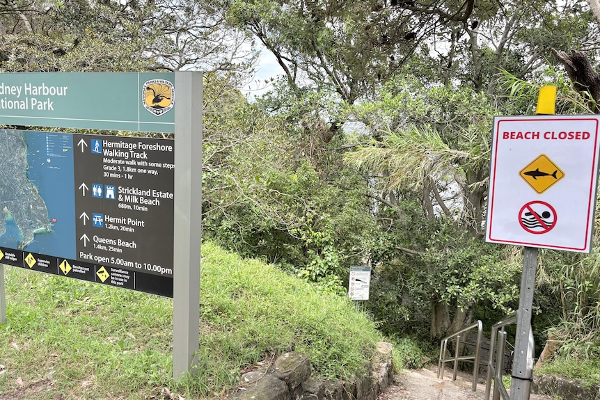 Signs reading beach closed at the entrance of a foreshore near where a boy was mauled by a shark.