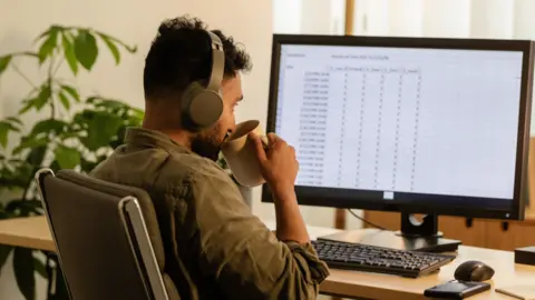 Getty Images A man sips a cup of coffee while looking a large computer screen showing a spreadsheet.