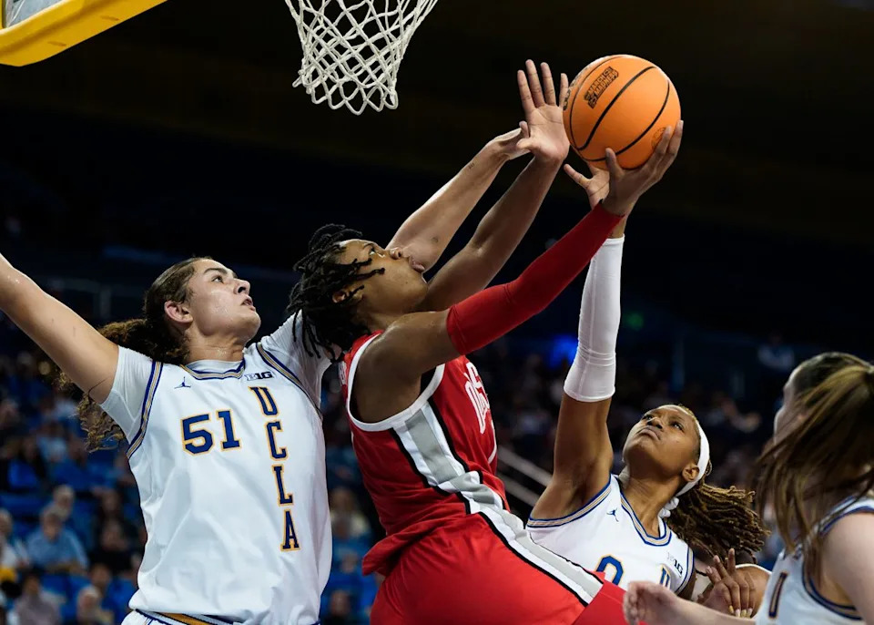 UCLA Center, Lauren Betts (51) defends an attempt at the basket during a NCAA Womens' Basketball game against the Ohio State, February 5, 2025 in Los Angeles.