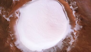 Mars contains water, though mostly as subsurface permafrost. Surface water is readily visible at some places, such as the ice-filled Korolev Crater, near the north polar ice cap (Credit : ESA/DLR/FU)