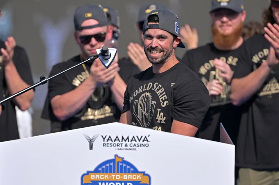 Nov 3, 2025; Los Angeles, CA, USA; Los Angeles Dodgers Executive Vice President and General Manager Brandon Gomes speaks during the World Series celebration at <a href="https://dodgersnation.com/dodger-stadium/" rel="nofollow noopener" target="_blank" data-ylk="slk:Dodger Stadium;elm:context_link;itc:0;sec:content-canvas" class="link ">Dodger Stadium</a>. Mandatory Credit: Jayne Kamin-Oncea-Imagn Images