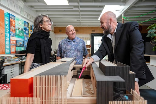 Angela Brooks, Lawrence Scarpa and Jeﬀrey Huber in the Hawthorne, CA oﬃce. Image courtesy of Brooks Scarpa Huber