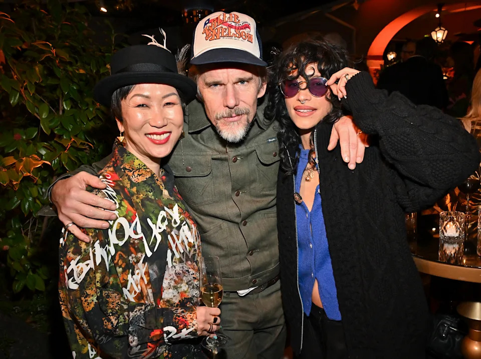 Hikari, Ethan Hawke and Odessa A'zion at the Variety & Golden Globes Pre-Golden Globes Party, Presented by Morgan Stanley at The Polo Lounge at The Beverly Hills Hotel on January 09, 2026 in Beverly Hills, California. (Photo by Michael Buckner/Variety via Getty Images)