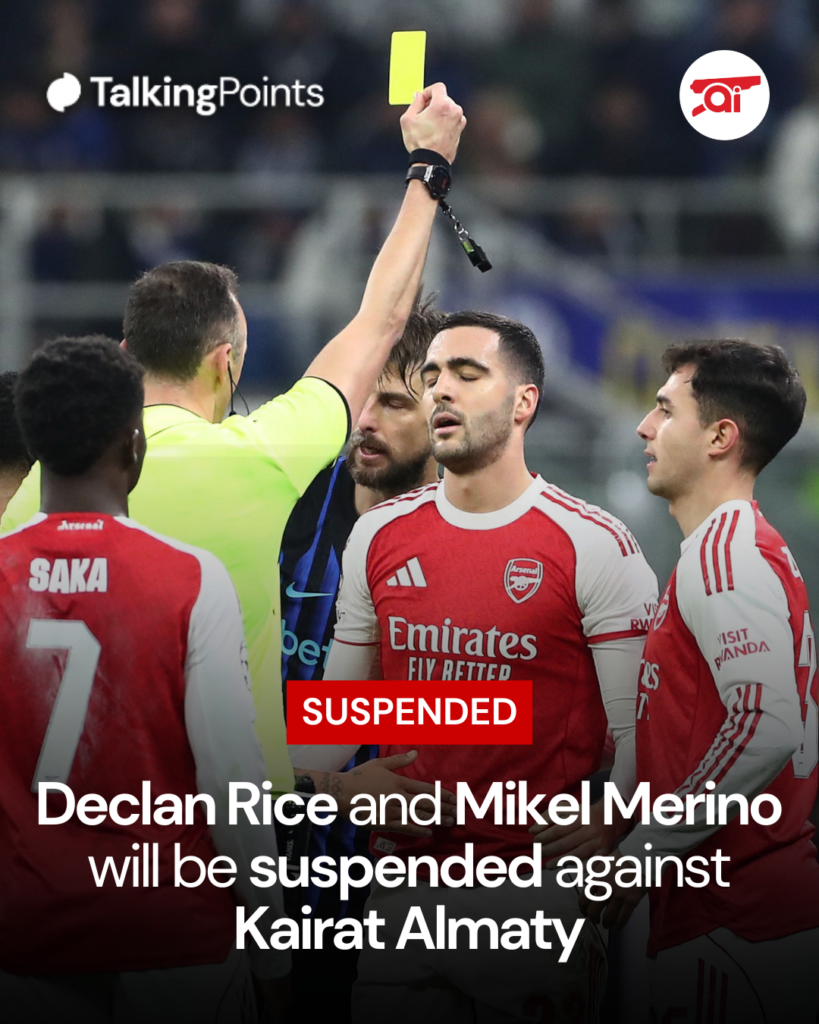 A graphic showing that Declan Rice and Mikel Merino are suspended for Arsenal's next Champions League match.