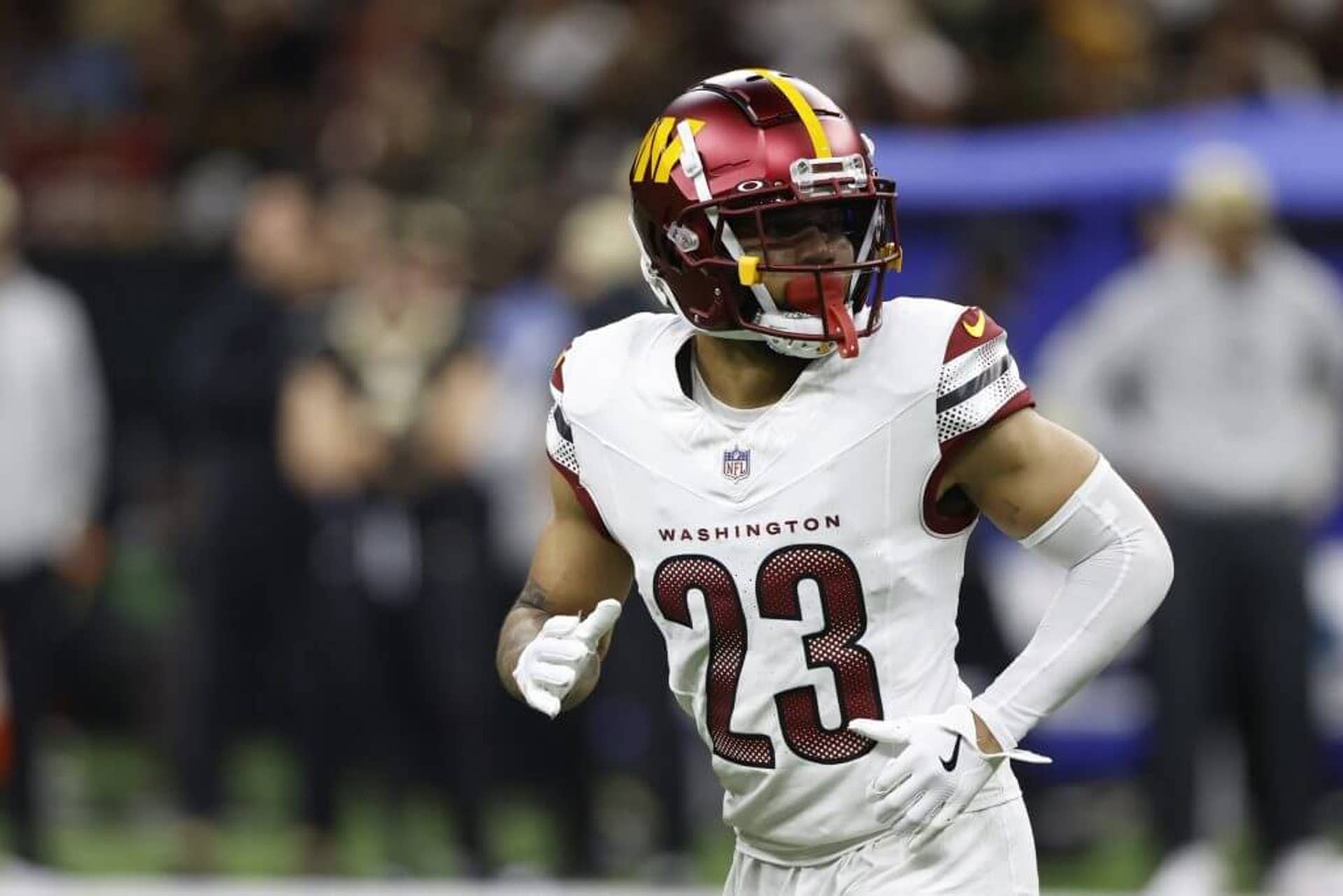 Washington Commanders cornerback Marshon Lattimore lines up against the New Orleans Saints during the second half of an NFL football game, Sunday, Dec. 15, 2024, in New Orleans.