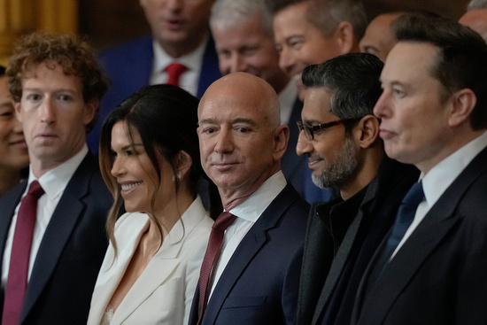 FILE - Guests including Mark Zuckerberg, from left, Lauren Sanchez, Jeff Bezos, Sundar Pichai and Elon Musk, arrive to attend the 60th Presidential Inauguration in the Rotunda of the U.S. Capitol in Washington, Jan. 20, 2025. (AP Photo/Julia Demaree Nikhinson, File)
