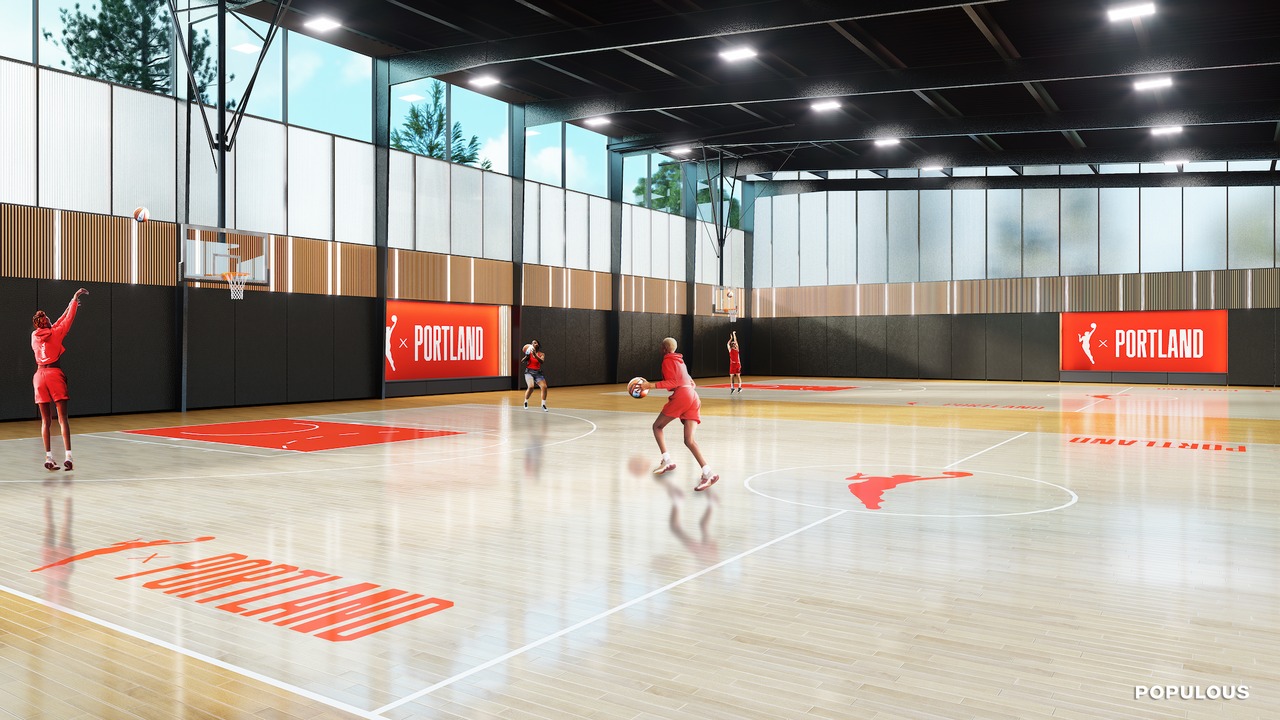 An artist's rendering shows planned basketball courts inside the future training facility of both the Portland Thorns and Portland's WNBA team. The facility is expected to open in 2026.
