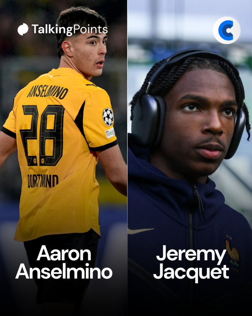 Split image of Borussia Dortmund's Aaron Anselmino and Rennes' Jeremy Jacquet