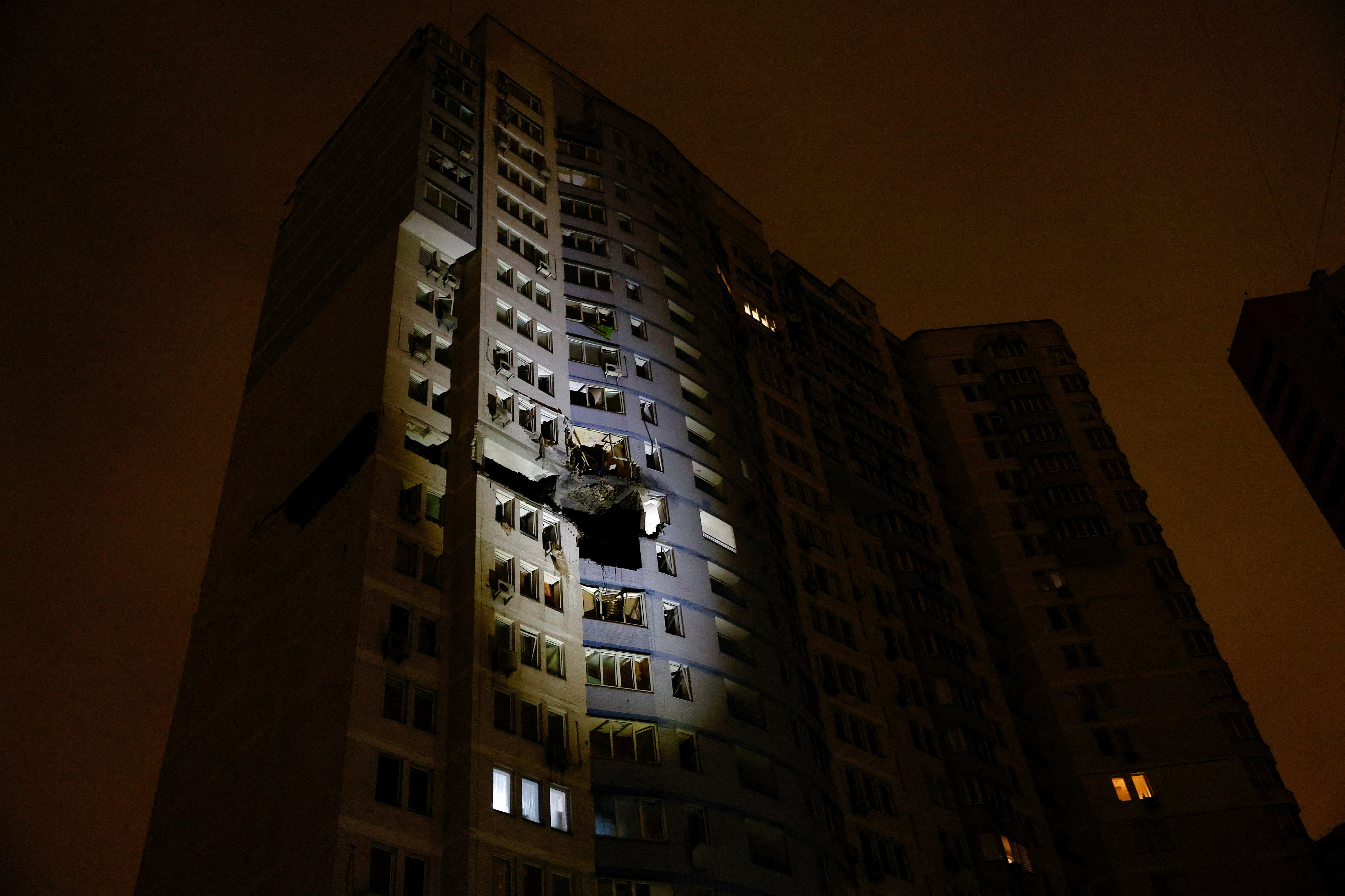 An apartment building hit by a Russian drone strike in Kyiv