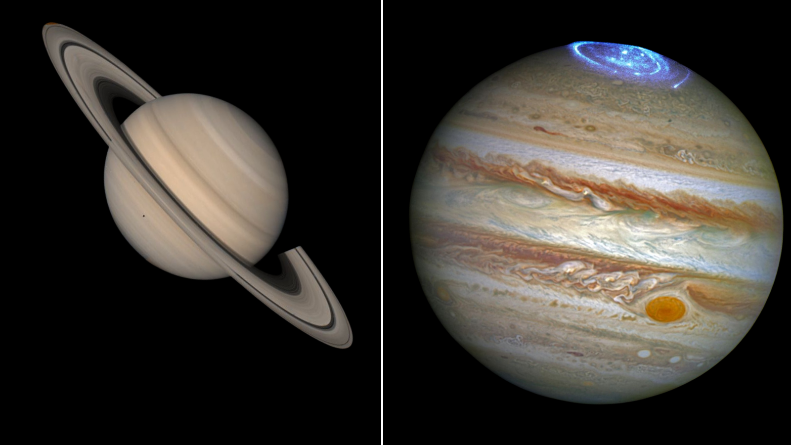 (Left) the ringed gas giant Saturn (Right) Jupiter as seen by Hubble with a glowing polar vortex