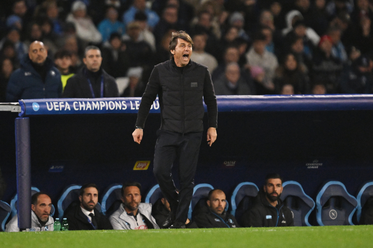 NAPLES, ITALY - JANUARY 28: Antonio Conte, Head Coach of SSC Napoli, reacts from the technical area during the UEFA Champions League 2025/26 League Phase MD8 match between SSC Napoli and Chelsea FC at Stadio Diego Armando Maradona on January 28, 2026 in Naples, Italy. (Photo by Tullio M. Puglia/Getty Images)