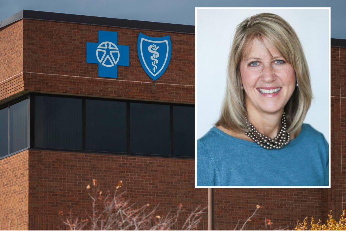 A brick building with Blue Cross Blue Shield logos and a portrait of a smiling woman with blonde hair in an inset.