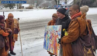 Durham artist gifts Walk For Peace monks painting as they leave Raleigh :: WRAL.com