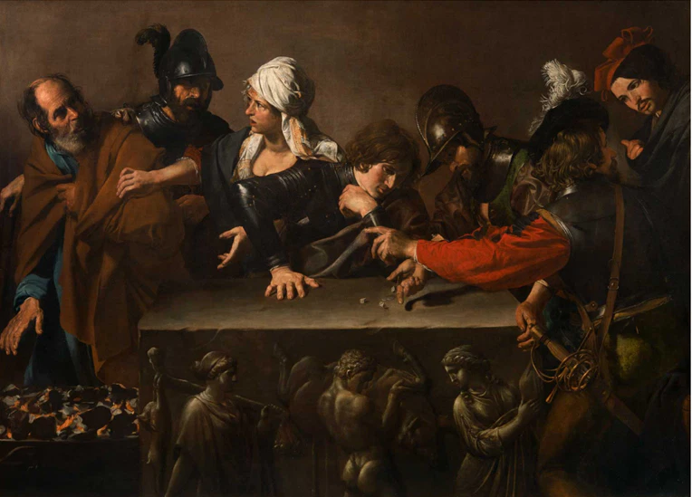 A dramatic scene of soldiers and onlookers around a table, featuring a woman in white headscarf and men in armor.