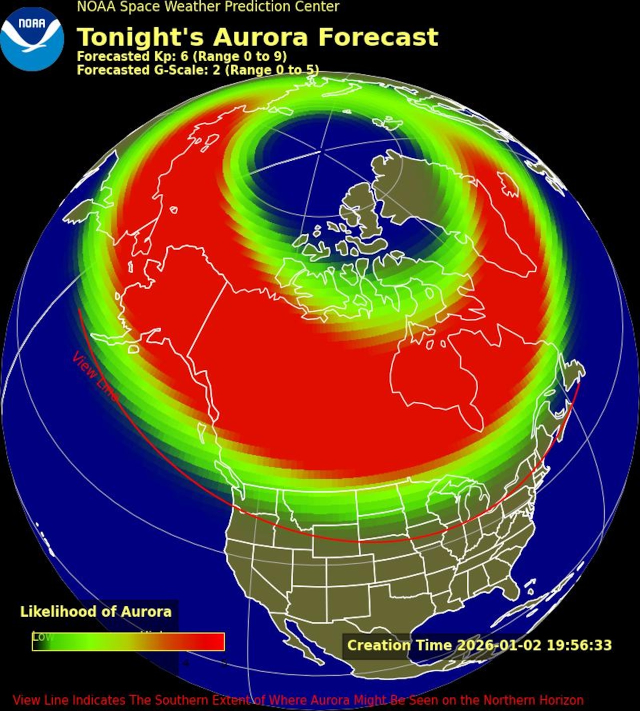 Aurora viewline map for Jan. 2, 2026, including 18 states.