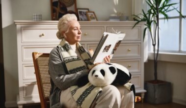 woman sits, reading, with a cuddly AI baby panda robot on her lap