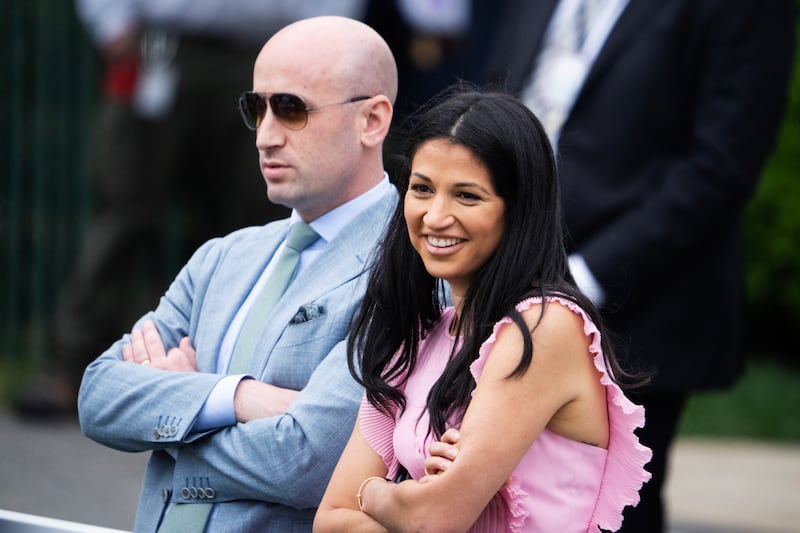 Stephen Miller, White House deputy chief of staff, and his wife, Katie Miller attend the White House Easter Egg Roll on Monday, April 21, 2025.
