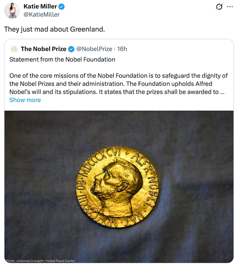 Katie Miller conflates Trump receiving someone else's Nobel Peace Prize with Greenland.