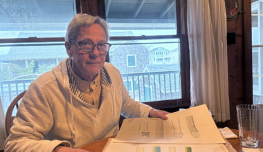 George Jackson, at his family’s Kill Devil Hills cottage, shows the original sketches used for the book. Photo: Catherine Kozak