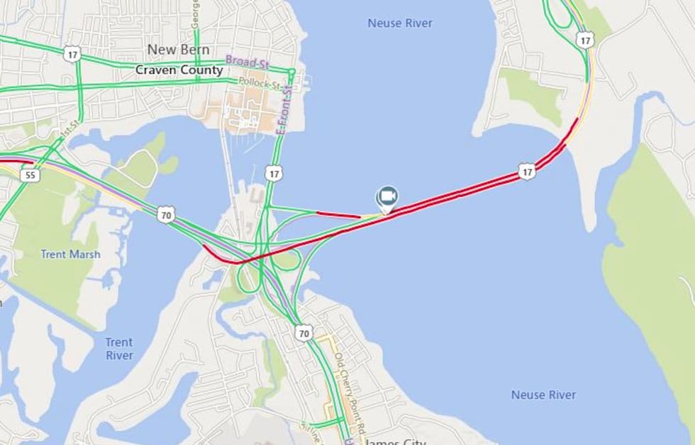 NCDOT map shows the congestion at the Neuse River Bridge after it was shutdown.