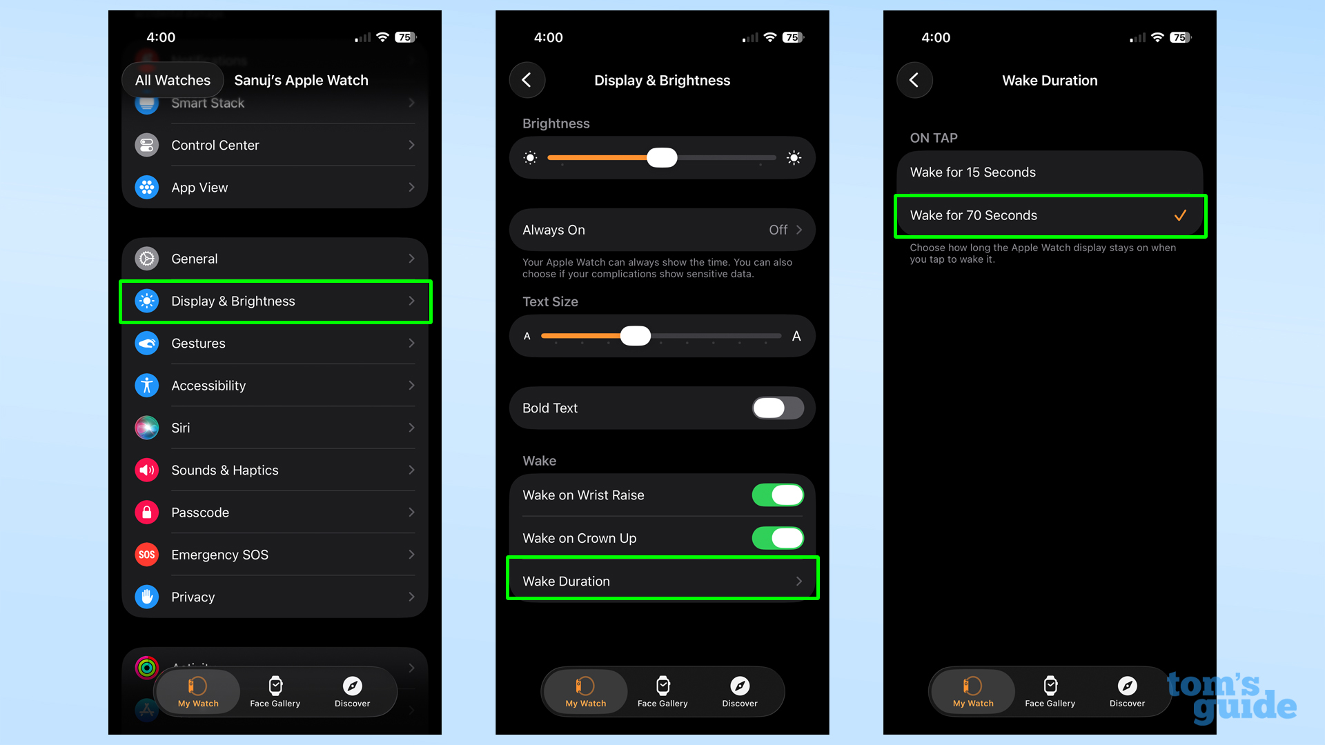 Apple Watch settings altering screen on time