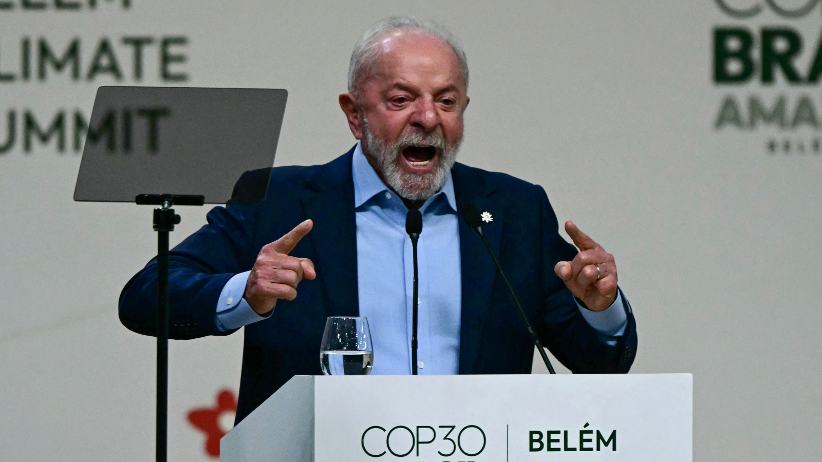 Brazil's President Luiz Inacio Lula da Silva delivers a speech during the General Plenary of Leaders in the framework of the COP30 UN Climate Change Conference in Belem, Para State, Brazil, on November 6, 2025.