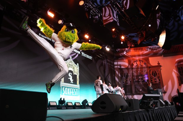 Southpaw completes a jump as White Sox players leave the stage after being introduced during SoxFest at the Ramova Theatre in Chicago's Bridgeport neighborhood on Friday, Jan. 30, 2026. (Chris Sweda/Chicago Tribune)