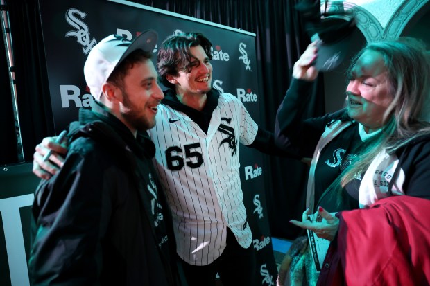 Chicago White Sox pitcher Davis Martin (65) has a laugh with fans during SoxFest at the Ramova Theatre in Chicago's Bridgeport neighborhood on Friday, Jan. 30, 2026. (Chris Sweda/Chicago Tribune)