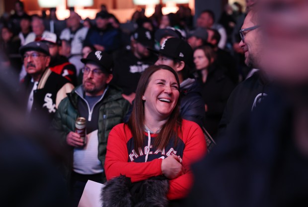 A Chicago White Sox fan has a laugh during SoxFest at the Ramova Theatre in Chicago's Bridgeport neighborhood on Friday, Jan. 30, 2026. (Chris Sweda/Chicago Tribune)