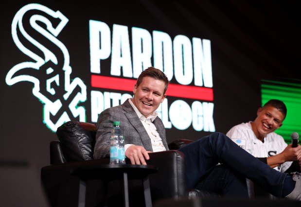 Chicago White Sox general manager Chris Getz and manager Will Venable (right) have a laugh on stage during SoxFest at the Ramova Theatre in Chicago's Bridgeport neighborhood on Friday, Jan. 30, 2026. (Chris Sweda/Chicago Tribune)